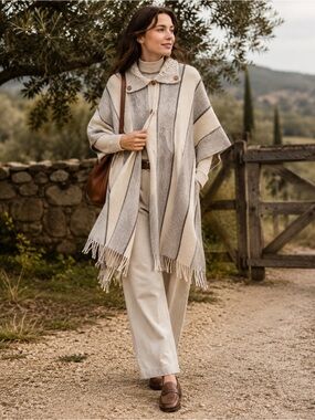 Wool Striped Poncho Cape Cream Gray One Sz